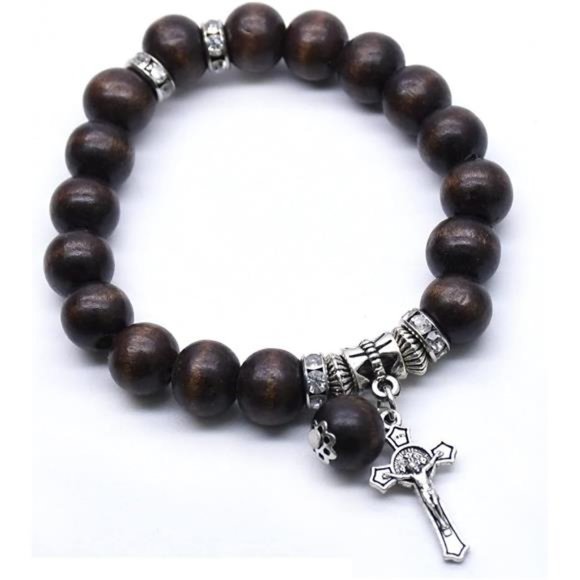 Wood Beads Rosary Bracelet Medal & Catholic Cross Religious Prayer Chaplet - Picture 1 of 5